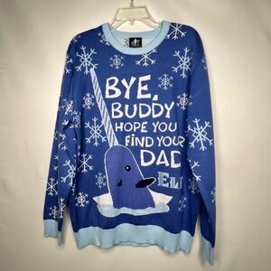 Elf‎ Blue Narwhal Sweater Unisex L Bye Buddy Hope You Find Your Dad Christmas